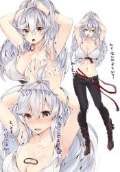 Rule 34 | 1girl, 218, ahoge, armpits, belt, breasts, cleavage, crop top, granblue fantasy, hair between eyes, large breasts, long hair, looking at viewer, midriff, mouth hold, navel, silva (granblue fantasy), silver hair, simple background, solo, very long hair, white background, yellow eyes