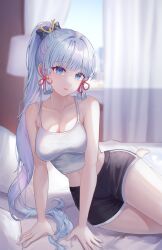 Rule 34 | 1girl, alternate costume, arm support, ayaka (genshin impact), bad id, bad twitter id, bare arms, bare shoulders, barefoot, bed sheet, black shorts, blue eyes, blunt tresses, blurry, blush, breasts, camisole, cleavage, collarbone, crop top, curtains, depth of field, dolphin shorts, flower knot, genshin impact, hair ornament, hair ribbon, high ponytail, highres, hinya02 s2, lamp, leaning to the side, light blush, long hair, looking at viewer, medium breasts, midriff, mole, mole under eye, parted lips, ribbon, short shorts, shorts, sitting, solo, thighs, tress ribbon, very long hair, white camisole, white hair, window