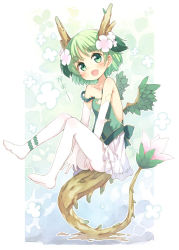 Rule 34 | 1girl, bare shoulders, blush, child, dragon girl, dragon tail, dragon wings, elbow gloves, eyebrows, fang, flower, gao, gloves, green eyes, green hair, hair ornament, horns, kinoko-san, kito (sorahate), looking at viewer, matching hair/eyes, monster girl, open mouth, original, pantyhose, short hair, solo, tail, thick eyebrows, white pantyhose, wings