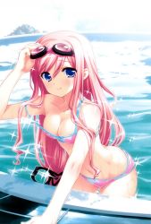Rule 34 | 1girl, absurdres, arm support, bikini, blue eyes, breasts, cleavage, collarbone, floral print, goggles, goggles on head, highres, kasukabe akira, leaning forward, long hair, navel, pink hair, poolside, print bikini, sakura nanako, sakura sakura, scan, smile, solo, sparkle, strap slip, swimsuit, wading, wet