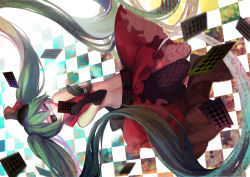 Rule 34 | 1girl, absurdly long hair, absurdres, aqua nails, asymmetrical gloves, asymmetrical legwear, belt, card, checkered background, covering own mouth, elbow gloves, eyepatch, fingerless gloves, fishnet thighhighs, fishnets, gloves, green hair, hair between eyes, hat, hatsune miku, highres, holding, holding card, long hair, midriff, nail polish, navel, playing card, skirt, solo, sylvia (huajiuhuajiu), thighhighs, top hat, twintails, uneven gloves, uneven legwear, very long hair, vocaloid