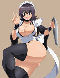 Rule 34 | 1girl, apron, ass, black thighhighs, blue eyes, bottomless, breasts, cleavage, curvy, eating, flipped hair, huge ass, iroha (samurai spirits), kihaiu, large breasts, looking at viewer, maid, maid apron, maid headdress, open mouth, samura, samurai spirits, smile, solo, thick thighs, thighhighs, thighs, v, weapon