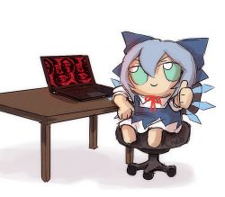 Rule 34 | 1girl, artist name, blue bow, blue dress, blue eyes, blue hair, blue ribbon, blue wings, bow, chair, character doll, chibi, cirno, closed mouth, collar, collared shirt, commentary, computer, desk, dress, english commentary, full body, fumo (doll), giygas, hair bow, hair ribbon, ice, ice wings, jerma985, laptop, looking at viewer, meme, mother (game), mother 2, multicolored clothes, multicolored dress, neck ribbon, nintendo, office chair, pinafore dress, puffy short sleeves, puffy sleeves, red ribbon, ribbon, shirt, short hair, short sleeves, signature, simple background, sitting, skullchimes, sleeveless dress, smile, solo, swivel chair, thumbs up, touhou, v-shaped eyebrows, white background, white shirt, wings