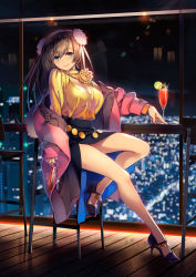 Rule 34 | 1girl, alcohol, bad id, bad twitter id, blue eyes, breasts, brown hair, cocktail, earrings, fate/grand order, fate (series), hair ornament, highres, hiroyama hiroshi, hoop earrings, jewelry, charm (object), large breasts, long hair, looking at viewer, mata hari (fate), nail polish, night, smile