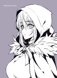 Rule 34 | 1girl, absurdres, alternate breast size, breasts, cape, chili-tomato (gekikaraya), commentary request, fate (series), from side, fur-trimmed cape, fur trim, gray (fate), grey background, greyscale, hair between eyes, highres, hood, hood up, large breasts, looking at viewer, lord el-melloi ii case files, monochrome, parted lips, ribbon, short hair, simple background, solo, twitter username, upper body