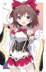 Rule 34 | 1girl, bare legs, bow, bowtie, brown hair, buttons, choujigen game neptune sisters vs sisters, detached sleeves, dot nose, drop shadow, e.o., frilled skirt, frills, full body, gradient background, hair bow, hairband, hakurei reimu, hand up, highres, holding, long sleeves, looking at viewer, medium hair, miniskirt, neptune (series), official art, orange background, outside border, purple background, purple eyes, red bow, red bowtie, red hairband, red skirt, shanghai alice-chan (neptunia), shirt, skirt, sleeve bow, smile, solo, standing, tachi-e, touhou, underbust, white shirt, white sleeves, wide sleeves