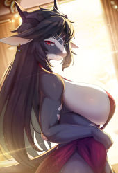 Rule 34 | 1girl, absurdres, animal ears, black hair, black horns, breasts, closed mouth, commentary request, curtains, dress, earrings, furry, furry female, highres, horns, jewelry, korean commentary, large breasts, long hair, looking at viewer, original, red dress, red eyes, sideboob, solo, whooo-ya, window