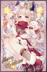 Rule 34 | 1girl, absurdres, ahoge, aloupeep (enna alouette), arm up, blonde hair, blush, boots, box, capelet, christmas lights, christmas ornaments, commentary, confetti, dress, english commentary, enna alouette, full body, fur-trimmed boots, fur-trimmed capelet, fur trim, gloves, head wings, highres, in box, in container, long hair, merry christmas, nijisanji, nijisanji en, open mouth, purple eyes, red dress, red footwear, red scarf, santa dress, scarf, single sock, socks, solo, thigh strap, usagi (cecilia), white gloves, wings