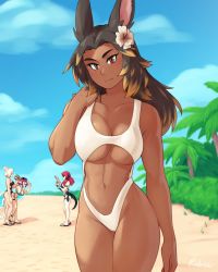 Rule 34 | 4girls, absurdres, animal ears, artist name, au ra, bare arms, bare shoulders, beach, black hair, blue sky, breasts, brown eyes, brown hair, cloud, collarbone, commentary, cowboy shot, dark-skinned female, dark skin, day, english commentary, final fantasy, final fantasy xiv, flower, hair flower, hair ornament, hand on own shoulder, highres, large breasts, miqo&#039;te, multicolored hair, multiple girls, navel, one-piece swimsuit, outdoors, palm tree, rabbit ears, rob ishi, sky, solo focus, swimsuit, tree, two-tone hair, viera, warrior of light (ff14), white one-piece swimsuit
