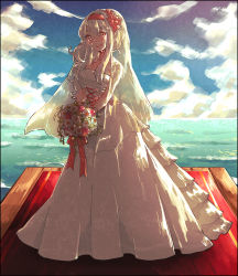 Rule 34 | 10s, 1girl, bouquet, crying, crying with eyes open, day, dress, flower, hairband, holding, horizon, kantai collection, kurosuke (hipparu), long hair, looking at viewer, ocean, outdoors, pier, red carpet, shoukaku (kancolle), smile, solo, standing, tears, water, wedding dress, white dress
