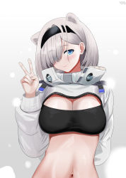 Rule 34 | 1girl, absurdres, animal ears, arknights, arm behind back, artist name, aurora (arknights), bear ears, black hairband, blue eyes, breasts, cleavage, closed mouth, commentary request, eyes visible through hair, gradient background, grey background, hair over one eye, hairband, head tilt, high collar, highres, korean commentary, large breasts, long sleeves, looking at viewer, navel, short hair, shrug (clothing), silver hair, smile, solo, sports bra, stomach, v, ydg (eorbsaos1004)