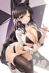 Rule 34 | 1girl, ;p, animal ear fluff, arched back, atago (azur lane), atago (stunning speedster) (azur lane), azur lane, backlighting, bikini, bikini pull, black bikini, black hair, black thighhighs, blush, breasts, brown eyes, cleavage, cleavage reach, clothes pull, commentary, commentary request, emanon123, extra ears, hair ribbon, highres, large breasts, long hair, looking at viewer, mole, mole under eye, navel, one eye closed, race queen, ribbon, smile, solo, swimsuit, thighhighs, tongue, tongue out, umbrella, underboob, very long hair, white background, white footwear, white ribbon, wrist cuffs