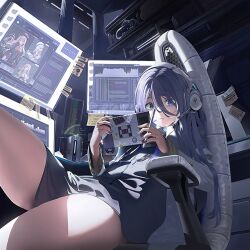 Rule 34 | 1girl, anis (nikke), bags under eyes, black choker, black hair, black nails, blue eyes, chair, choker, crossed legs, exia (nikke), feet, game cg, game controller print, gaming chair, goddess of victory: nikke, hair between eyes, handheld game console, headphones, headset, holding, holding handheld game console, jacket, long hair, nail polish, neon (nikke), non-web source, off shoulder, official art, open clothes, open jacket, playing games, rapi (nikke), shirt, sidelocks, sitting, solo, swivel chair, thighs, white jacket, white shirt