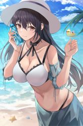 Rule 34 | 2girls, absurdres, bare shoulders, beach, bikini, black hair, blue sky, bottle, breasts, brown eyes, cloud, commentary request, cowboy shot, day, hair between eyes, hands up, highres, holding, holding bottle, large breasts, long hair, looking at viewer, multiple girls, navel, original, outdoors, skirt, sky, smile, standing, starfish, stomach, sukuemon, swimsuit, very long hair, water, white bikini, white headwear