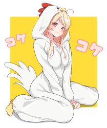 Rule 34 | 1girl, :&gt;, absurdres, alternate costume, animal costume, animal hood, antenna hair, between legs, blonde hair, breast press, breasts, chicken costume, commentary, cosplay, full body, hand between legs, highres, hololive, hololive dev is, hood, hood up, kigurumi, long hair, looking at viewer, medium breasts, okome 0628, otonose kanade, red eyes, sidelocks, sitting, smile, solo, swept bangs, symbol-only commentary, two-tone background, virtual youtuber, wariza, white background, yellow background