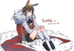 Rule 34 | animal ear fluff, animal ears, arknights, black footwear, black shorts, blue eyes, brown hair, brown vest, cape, closed mouth, commentary request, crown, dated, fur-trimmed cape, fur trim, highres, kneehighs, knees up, loafers, long hair, long sleeves, looking at viewer, mini crown, molu stranger, ponytail, rabbit ears, red cape, shirt, shoes, short shorts, shorts, sitting, socks, solo, striped clothes, striped vest, translation request, vertical-striped clothes, vertical-striped vest, vest, white background, white shirt, white socks