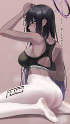 Rule 34 | 1girl, absurdres, ahoge, armpits, ass, black hair, black sports bra, blue archive, blush, breasts, closed mouth, clothes writing, dark-skinned female, dark skin, halo, hear (kpmf4732), highres, karin (blue archive), large breasts, long hair, pantyhose, purple halo, solo, sports bra, sportswear, sweat, translation request, white pantyhose, yellow eyes