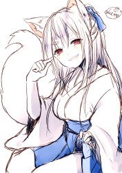 Rule 34 | 1girl, animal ear fluff, animal ears, blue ribbon, blue skirt, blush, chita (ketchup), clothes lift, fox ears, fox girl, fox tail, grey hair, grin, hair between eyes, hair ribbon, hand up, head tilt, japanese clothes, kimono, lifting own clothes, long hair, long sleeves, looking at viewer, original, pleated skirt, red eyes, ribbon, short eyebrows, signature, simple background, sketch, skirt, skirt lift, smile, solo, tail, thick eyebrows, very long hair, white background, white kimono, wide sleeves