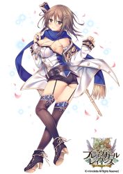 Rule 34 | 1girl, adelite (brave girl ravens), bare shoulders, belt, black thighhighs, blush, boots, brave girl ravens, breasts, brown eyes, brown hair, cleavage, copyright name, detached sleeves, full body, garter straps, gun, hair ornament, highres, jacket, large breasts, logo, looking at viewer, official art, open clothes, open jacket, petals, rifle, scarf, short shorts, shorts, simple background, solo, sorai shin&#039;ya, sparkle, thighhighs, weapon, white background