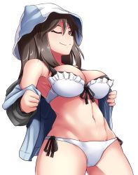 Rule 34 | 10s, 1girl, blue hat, blue jacket, bow, bow bra, bra, breasts, brown eyes, brown hair, closed mouth, cowboy shot, frilled bra, frills, girls und panzer, hat, highres, jacket, keizoku military uniform, kitayama miuki, large breasts, long hair, long sleeves, looking at viewer, mika (girls und panzer), no pants, one eye closed, open clothes, open jacket, panties, raglan sleeves, side-tie panties, simple background, smile, smug, solo, standing, thighs, track jacket, underwear, white background, white bra, white panties