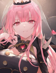 Rule 34 | 1girl, black dress, black nails, black tiara, breasts, cleavage, dress, gem, hololive, hololive english, large breasts, looking at viewer, mori calliope, mori calliope (1st costume), pink hair, red eyes, solo, spikes, tiara, veil, virtual youtuber, yukisame