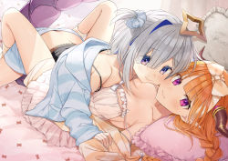 Rule 34 | 2girls, alternate costume, amane kanata, asymmetrical docking, bare shoulders, bed sheet, blue shorts, blunt bangs, blush, bow, braid, breast press, breasts, butt crack, camisole, cleavage, frills, girl on top, hair bow, hair ornament, hair scrunchie, halo, highres, hololive, horns, kiryu coco, knees up, lace trim, long hair, looking at viewer, lying, medium breasts, multiple girls, omaru (0marufestival), on back, on bed, one side up, orange hair, pillow, pointy ears, purple eyes, revision, scrunchie, shorts, silver hair, single braid, small breasts, spread legs, strap slip, tail, virtual youtuber, white bow, yuri