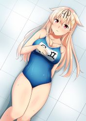 Rule 34 | 1girl, black ribbon, blonde hair, blue one-piece swimsuit, blush, breasts, collarbone, cowboy shot, floor, gradient hair, hair down, hair flaps, hair ornament, hair ribbon, hairclip, hand on own chest, highres, kantai collection, long hair, looking at viewer, medium breasts, messy hair, multicolored hair, name tag, new school swimsuit, one-piece swimsuit, red eyes, ribbon, rikkii (likito yuzu is), school swimsuit, shower (place), solo, standing, sweat, swimsuit, wall, wet, yuudachi (kancolle), yuudachi kai ni (kancolle)