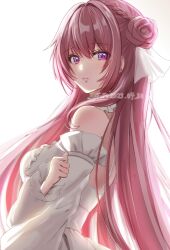 Rule 34 | 1girl, arm under breasts, artist name, bare shoulders, braid, dated, detached sleeves, dorothy (nikke), dress, frilled dress, frills, from side, goddess of victory: nikke, hair bun, lips, long hair, looking at viewer, pink eyes, pink hair, silken tofu, solo, upper body, white background, white dress