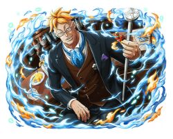 Rule 34 | 1boy, ascot, blonde hair, blue ascot, formal, glasses, male focus, marco (one piece), official art, one piece, one piece treasure cruise, open mouth, short hair, solo, suit, teeth