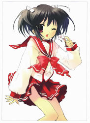 Rule 34 | 00s, 1girl, ;d, black hair, blush, brown eyes, flower, hair ribbon, heart, highres, holding, holding flower, ito noizi, long sleeves, looking at viewer, one eye closed, open mouth, red eyes, red skirt, ribbon, sailor collar, school uniform, serafuku, shirt, short hair, simple background, skirt, smile, solo, to heart (series), to heart 2, twintails, two side up, wallpaper, white background, white shirt, yuzuhara konomi