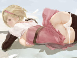 Rule 34 | 1girl, arm armor, ass, ass focus, blonde hair, breasts, brown eyes, butt crack, djeeta (granblue fantasy), granblue fantasy, granblue fantasy versus, hairband, large breasts, looking at viewer, looking back, lying, mumaya, on stomach, panties, pink hairband, pulling own clothes, pussy, short hair, solo, thighhighs, underwear, white panties, zettai ryouiki