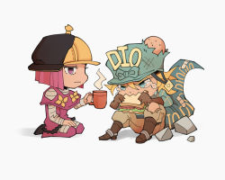 Rule 34 | 1boy, 1girl, argyle, argyle clothes, argyle sweater, blue eyes, capelet, chibi, coffee mug, crying, crying with eyes open, cup, diego brando, dinosaur tail, eating, fangs, hat, head bump, highres, hot pants (sbr), jodhpurs, jojo no kimyou na bouken, mug, norue, pants, pink eyes, pink hair, red hair, scary monsters (stand), spurs, stand (jojo), steel ball run, sweater, tail, tears, turtleneck