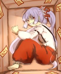 Rule 34 | 1girl, ahoge, barefoot, bdsm, bondage, bound, bound ankles, bound wrists, bow, box, brown eyes, buttons, cloth gag, fujiwara no mokou, full body, gag, gagged, grey hair, hair bow, improvised gag, in box, in container, long hair, long sleeves, looking at viewer, lying, miyo (ranthath), ofuda, on side, over the mouth gag, pants, red pants, shirt, solo, suspenders, tears, touhou, very long hair, white shirt