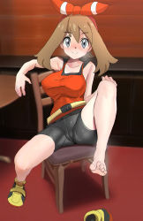 Rule 34 | 1girl, aruman, barefoot, bike shorts, breasts, chair, creatures (company), feet, game freak, hairband, hand on own knee, highres, large breasts, light brown hair, long hair, looking at viewer, may (pokemon), nintendo, pokemon, pokemon oras, shoes, sitting, smile, soles, steam, toes, unworn shoes