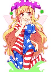 Rule 34 | 1girl, absurdres, american flag dress, american flag legwear, american flag shirt, bad id, bad pixiv id, blonde hair, blush, chako (chakoxxx), clownpiece, fairy wings, full body, hat, highres, jester cap, long hair, looking away, neck ruff, pantyhose, polka dot, red eyes, shirt, short sleeves, smile, solo, star (symbol), star print, striped clothes, striped pantyhose, tongue, tongue out, touhou, very long hair, wings