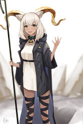 Rule 34 | 1girl, :d, absurdres, animal ear fluff, animal ears, arknights, beeswax (arknights), black coat, black collar, black ribbon, brown eyes, coat, collar, commentary, dress, feet out of frame, hand up, highres, holding, holding staff, horns, leg ribbon, long hair, long sleeves, looking at viewer, niaogao, open clothes, open coat, open mouth, ribbon, short dress, silver hair, smile, solo, staff, standing, thighs, white dress, wide sleeves
