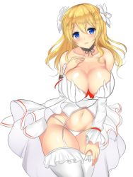 Rule 34 | 1girl, bare shoulders, blonde hair, blue eyes, blush, breasts, choker, cleavage, collarbone, cowboy shot, detached sleeves, flower, frilled thighhighs, frills, garter belt, groin, hair flower, hair ornament, juno (sennen sensou aigis), large breasts, leaning forward, long hair, looking at viewer, navel, noeomi, panties, parted lips, revealing clothes, sennen sensou aigis, smile, solo, stomach, thighhighs, underwear, white background, white panties, white thighhighs