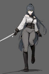 Rule 34 | 1girl, absurdres, bare shoulders, black footwear, black gloves, black hair, boots, commentary, english commentary, eyeshadow, gloves, gogalking, green eyes, grey background, grey pants, hair between eyes, highres, holding, holding sword, holding weapon, long hair, long sleeves, looking at viewer, makeup, mole, mole under eye, off-shoulder shirt, off shoulder, original, pants, ponytail, red eyeshadow, shadow, shirt, simple background, solo, sword, very long hair, weapon, white shirt