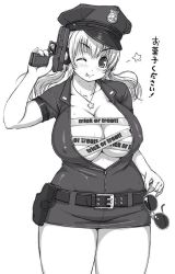 Rule 34 | 1girl, ;p, blush, breasts, cleavage, covered erect nipples, unworn eyewear, greyscale, gun, halloween, handgun, hat, headphones, holding, holding removed eyewear, huge breasts, large breasts, looking at viewer, monochrome, nitroplus, one eye closed, open clothes, open shirt, peaked cap, plump, police, police uniform, policewoman, shirt, short hair, skirt, smile, solo, sunglasses, super pochaco, sweat, tongue, tongue out, translated, trick or treat, tsuji santa, twintails, uniform, weapon