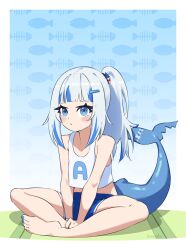 Rule 34 | 1girl, absurdres, alternate costume, alternate hairstyle, bare legs, bare shoulders, barefoot, blue background, blue eyes, blue hair, blue nails, blue shorts, blunt bangs, blush, border, closed mouth, commentary, dot mouth, dot nose, english commentary, expressionless, feet, fins, fish background, fish tail, full body, gawr gura, hair ornament, highres, hololive, hololive english, indian style, kraeyan, long hair, multicolored hair, nail polish, ponytail, shark girl, shark hair ornament, shark tail, shorts, sidelocks, sitting, solo, streaked hair, tail, tank top, toenail polish, toenails, v arms, virtual youtuber, white border, white tank top