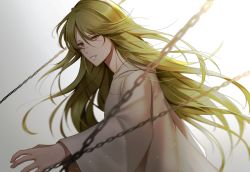 Rule 34 | androgynous, bad id, bad pixiv id, chain, enkidu (fate), fate/grand order, fate/strange fake, fate (series), gender request, gradient background, green eyes, green hair, hair between eyes, highres, long hair, long sleeves, looking at viewer, mohazzing, partially opened mouth, robe, simple background, upper body, white robe, wide sleeves