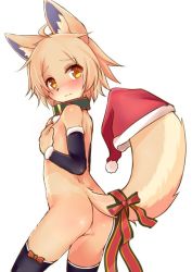 Rule 34 | 1girl, animal ears, ass, black thighhighs, brown eyes, brown hair, christmas, collar, commentary request, covering privates, covering breasts, dog ears, dog tail, from behind, furry, furry female, hands on own chest, hat, kida kuro mu, leonor (kida kuro mu), looking back, nude, original, pussy, ribbon, santa hat, short hair, simple background, solo, tail, tail ornament, tail ribbon, thighhighs, white background