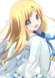 Rule 34 | 1girl, :d, blonde hair, blue bow, blue eyes, blush, bow, dress, feathered wings, feathers, filo (tate no yuusha no nariagari), kuga tsukasa, long hair, long sleeves, looking at viewer, looking to the side, open mouth, smile, solo, tate no yuusha no nariagari, teeth, upper teeth only, very long hair, white dress, white feathers, white wings, wide sleeves, wings