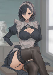Rule 34 | 1girl, apron, black dress, black garter straps, black gloves, black hair, black thighhighs, blurry, blurry background, breasts, bust (sculpture), classroom, cleavage, cleavage cutout, closed mouth, clothing cutout, collared dress, crossed legs, desk, dress, floral print, frilled apron, frills, garter straps, gloves, grey eyes, hair behind ear, hair between eyes, hand on own hip, kesoshirou, lace, lace-trimmed thighhighs, large breasts, light blush, long sleeves, looking at viewer, maid, maid apron, maid headdress, medium hair, neck ribbon, on desk, original, puffy sleeves, ribbon, sitting, sleeve cuffs, solo, thick thighs, thighhighs, thighs, white apron, white ribbon, window, zettai ryouiki