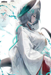 Rule 34 | 1girl, alternate costume, aqua eyes, arknights, breasts, bridal veil, charo (morphodrake), closed mouth, from side, grey hair, hair ornament, head wings, highres, ho&#039;olheyak (arknights), japanese clothes, kimono, lantern, large breasts, long hair, long sleeves, own hands together, paper lantern, parted lips, profile, simple background, smile, solo, tail, tassel, upper body, veil, white background, white kimono, wide sleeves, wings