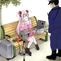 Rule 34 | 1boy, 1girl, asmr, bench, black footwear, coat, computer, flying sweatdrops, gloves, grey hair, hands up, hat, high heels, highres, jyaco, laptop, mask, microphone, mouth mask, multicolored hair, nanashi inc., outdoors, pants, park bench, peaked cap, pink coat, pointy ears, police, police uniform, red-framed eyewear, red hair, sitting, streaked hair, suitcase, suou patra, uniform, virtual youtuber, white gloves, white headwear, white pants