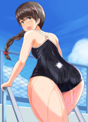Rule 34 | 1girl, ass, back, blue sky, braid, breasts, brown eyes, brown hair, chain-link fence, cloud, cloudy sky, competition school swimsuit, competition swimsuit, day, fence, highres, kantai collection, long hair, looking at viewer, looking back, mayomaru1, one-piece swimsuit, open mouth, outdoors, pool ladder, poolside, school swimsuit, school uniform, serafuku, shiny clothes, single braid, sky, small breasts, smile, solo, standing, swimsuit, thick thighs, thighs, uranami (kancolle), wading, wide hips