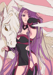 Rule 34 | 1girl, breasts, collarbone, cowboy shot, detached sleeves, eyes visible through hair, facial mark, fate/stay night, fate (series), forehead mark, isshoku (shiki), large breasts, long hair, looking at viewer, medusa (fate), medusa (rider) (fate), medusa (rider) (third ascension) (fate), parted lips, pegasus, pink background, purple eyes, purple hair, shadow, simple background, solo, square pupils, standing, teeth, very long hair, wings