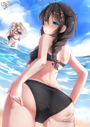 Rule 34 | 3girls, adapted costume, ahoge, artist logo, ass, ass focus, assisted exposure, bikini, black bikini, black hair, blue eyes, blue sky, blush, braid, cloud, commentary request, dated commentary, day, from behind, giraffe (ilconte), grey background, hair between eyes, hair flaps, hair ornament, hair ribbon, hand on own ass, highres, kantai collection, long hair, looking at viewer, looking back, multiple girls, murasame (kancolle), murasame kai ni (kancolle), ocean, outdoors, red ribbon, ribbon, shigure (kancolle), shigure kai ni (kancolle), sidelocks, simple background, single braid, sky, soaking feet, solo focus, spoken blush, swimsuit, wading, yuudachi (kancolle), yuudachi kai ni (kancolle)
