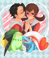 Rule 34 | 00s, 1boy, 1girl, black hair, brown hair, chikorita, couple, creatures (company), ethan (pokemon), game freak, gen 2 pokemon, lyra (pokemon), nintendo, pokemon, pokemon (creature), pokemon hgss, short twintails, totodile, twintails